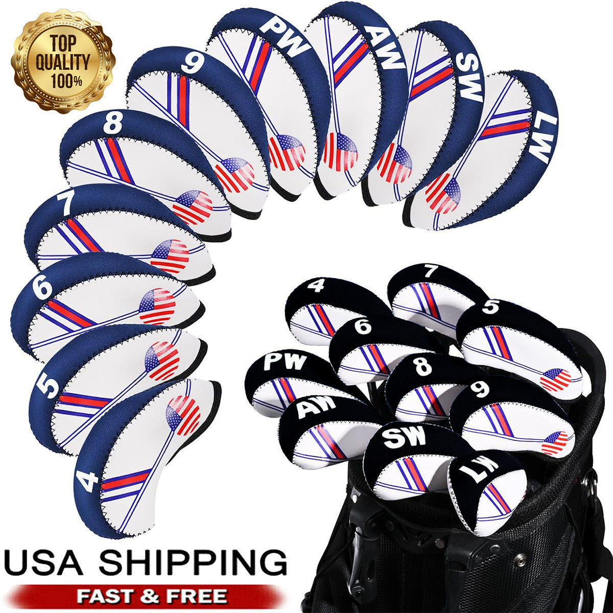 10 Pcs Golf Head Cover Set Club Iron Protectors Neoprene US Flag Styles