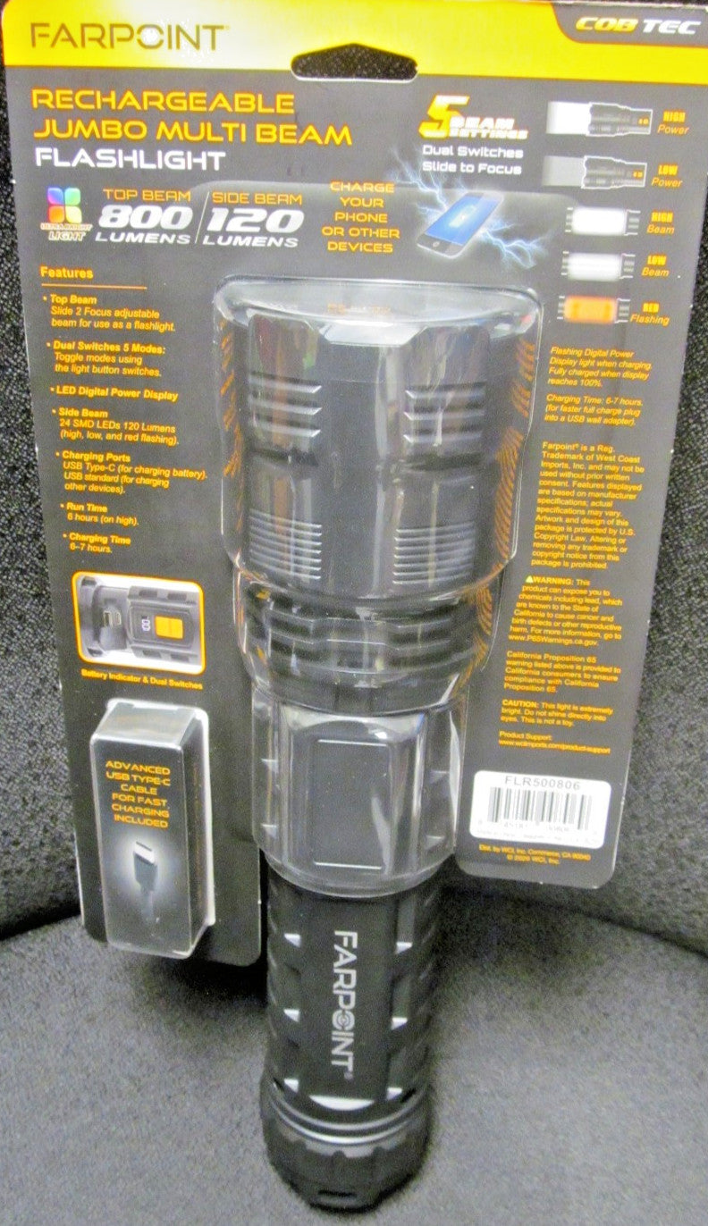 Rechargeable LED Flashlight 800 Lumens COB Handheld Torch with Power Bank