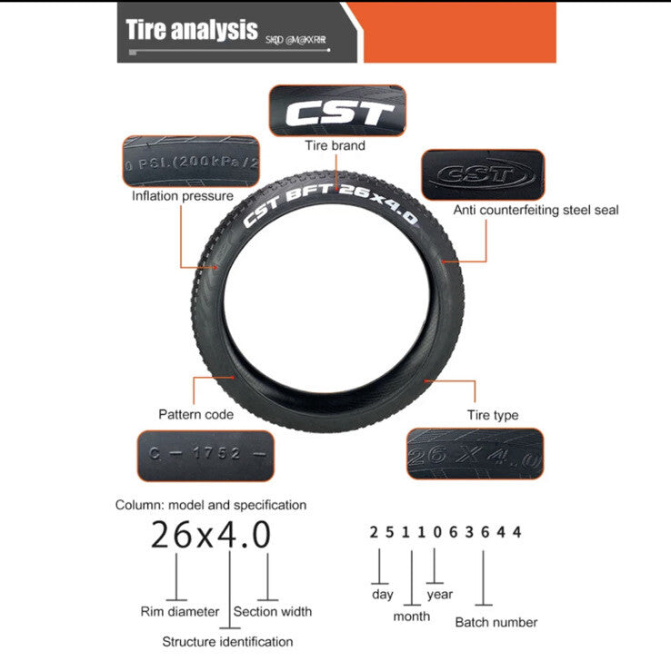 26x4 Inch Bicycle Fat Tire for Electric Bikes - CST BFT Snow Beach Tire