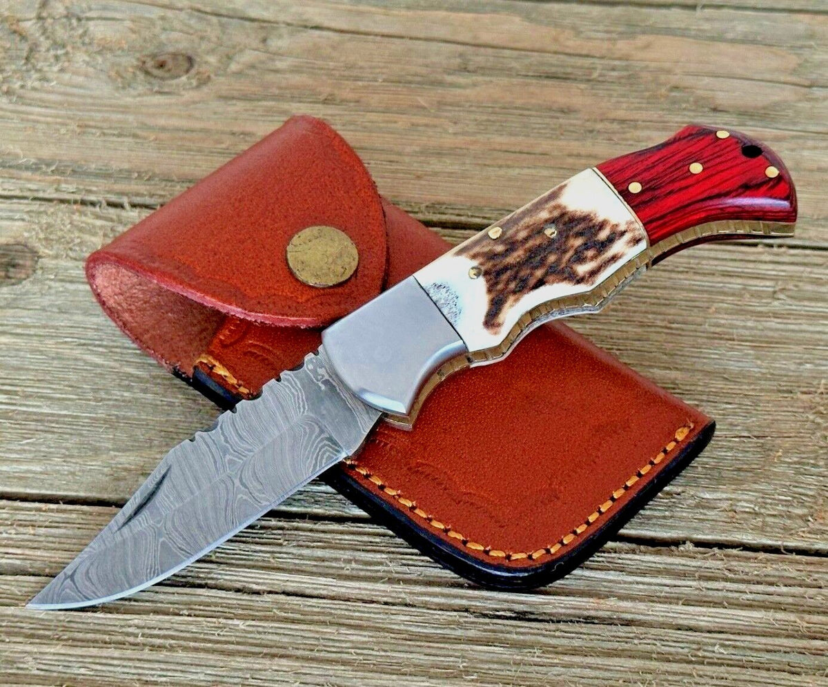 Handmade Damascus Folding Knife with Multiple Color Variants