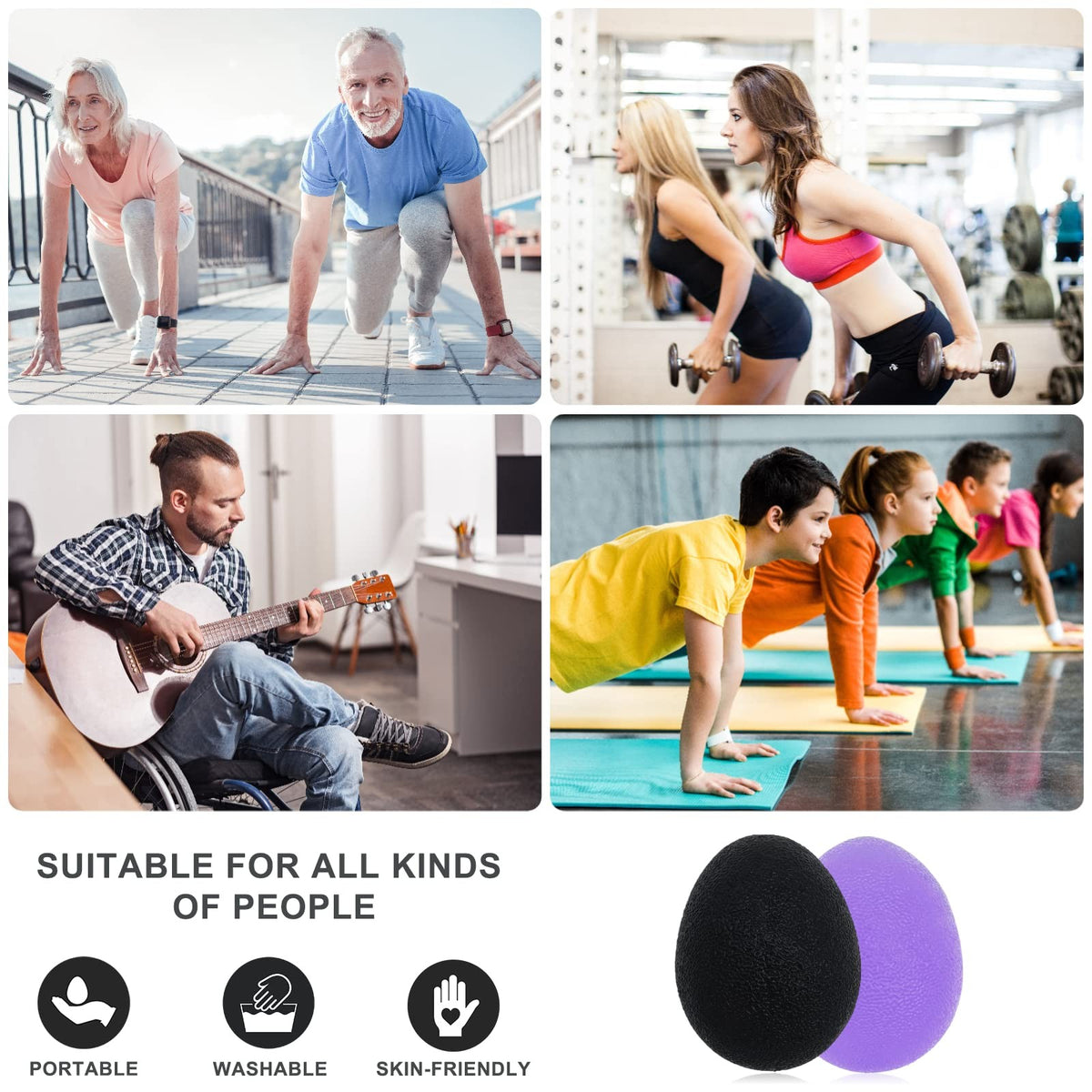 Adult Hand Stress Balls Set - Purple and Black Grip Exercisers for Stress Relief and Hand Therapy