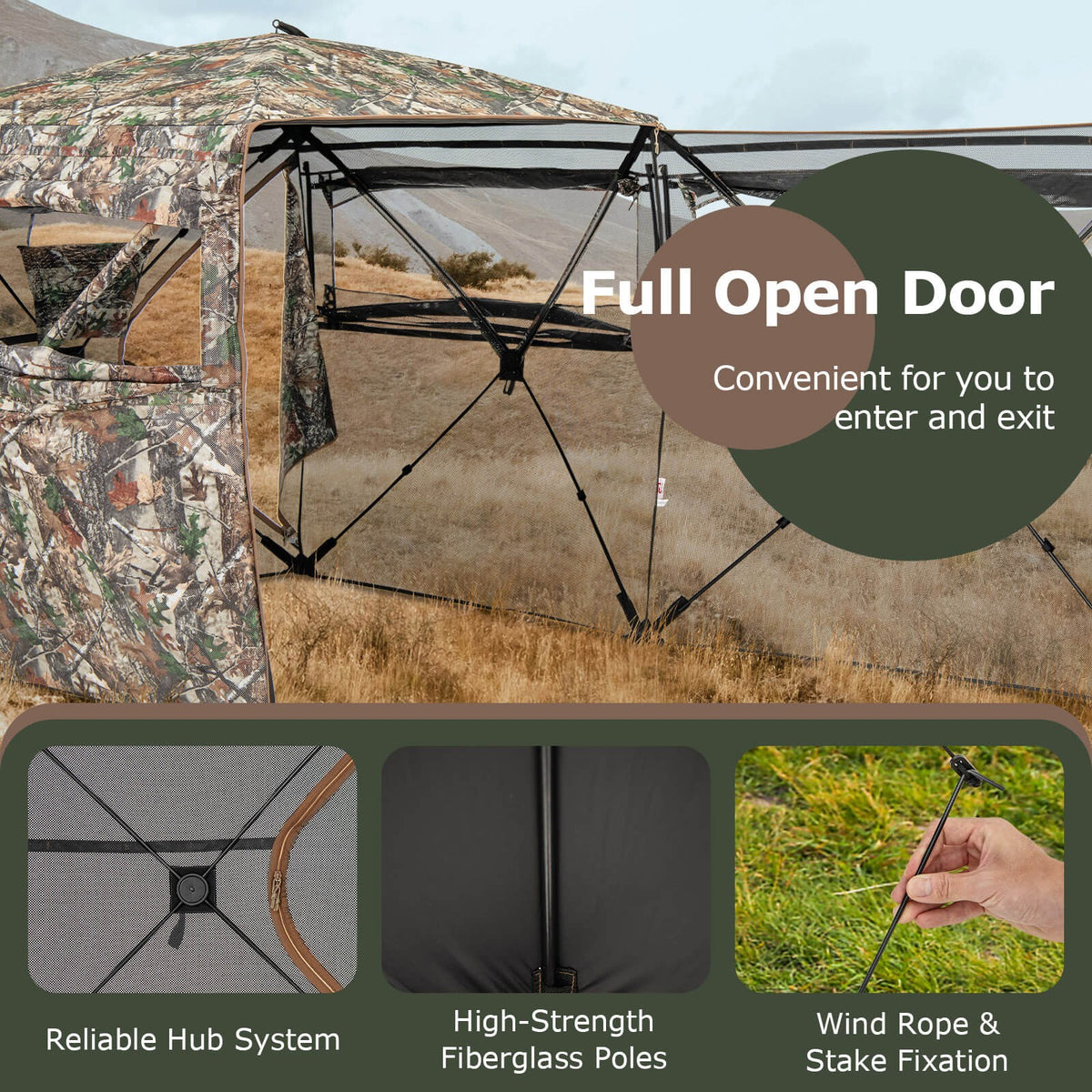 Portable 360° See-Through Hunting Blind with Open Side Door - Camouflage