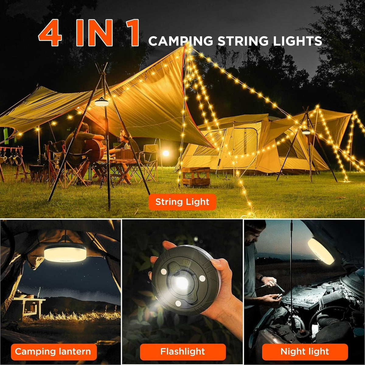 Rechargeable 33ft LED String Lights for Camping Tent & Home Decor - RGB Warm