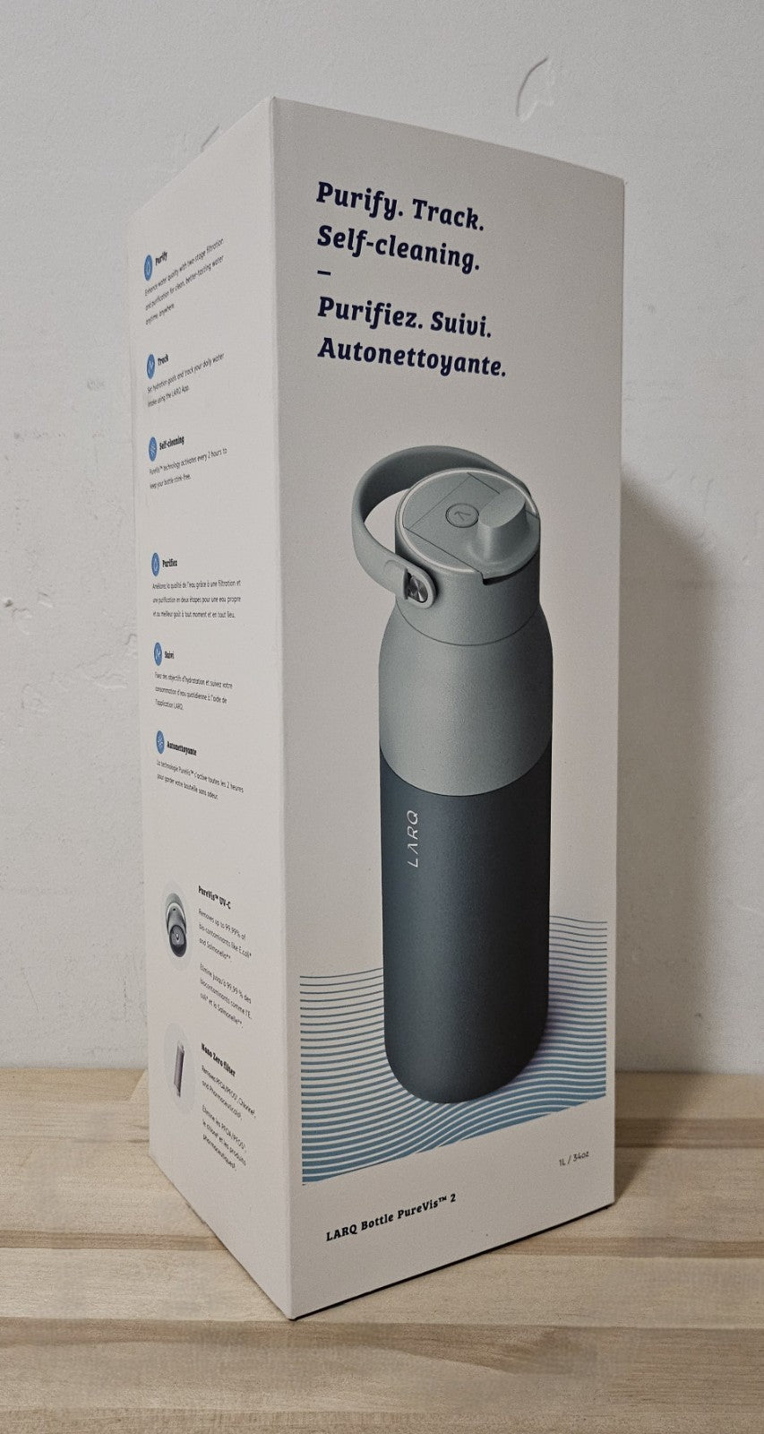 UV Water Purifier Bottle 34oz 1L - PureVis 2 Hydration Flask with Eucalyptus Green