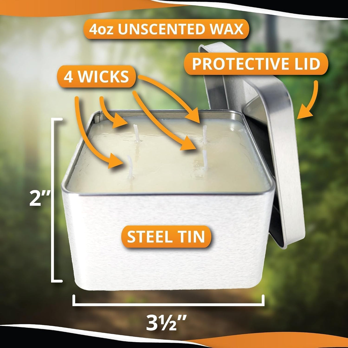 Survival Candle in Tin Box with 4 Wicks, 48 Hour Burn Time, Palm and Soy Wax
