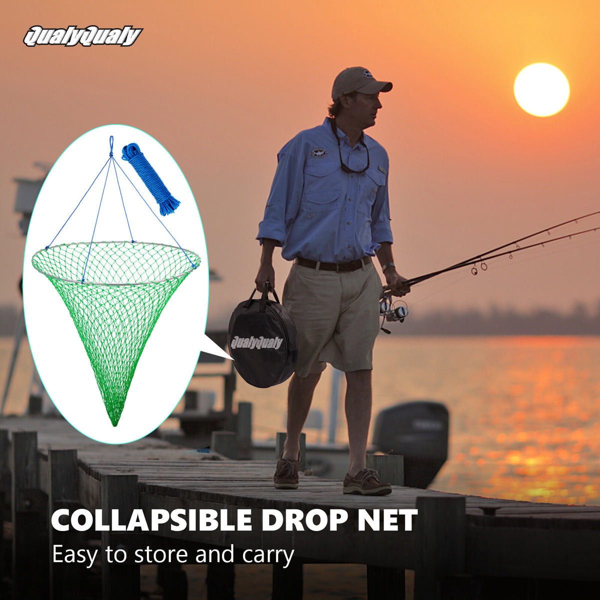 Foldable Bridge and Pier Fishing Net - Steel Hoop, Nylon Mesh, Multi-Size