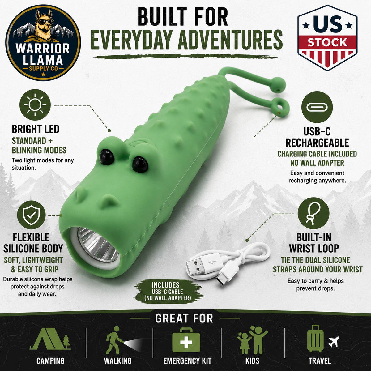 Kids Silicone Crocodile Flashlight Rechargeable USB-C Camping Light