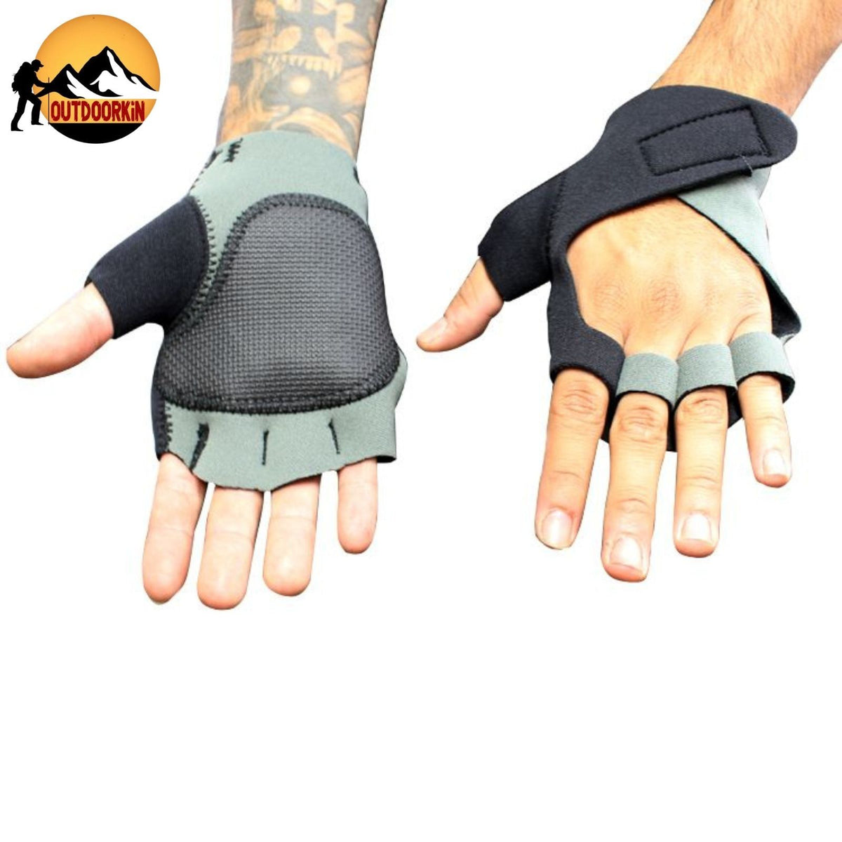 Fingerless Sport Gloves with Wrist Strap and Thumb Padding - Gray Large