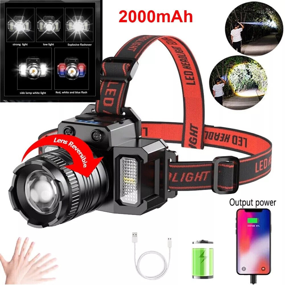 Rechargeable LED Headlamp with Red/Blue Safety Lights, 40H Runtime