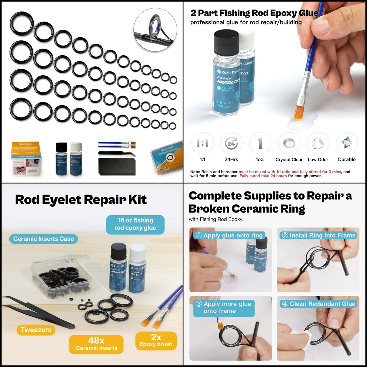 Fishing Rod Repair Kit with Ceramic Guide Rings and Epoxy Glue - Complete Eyelet Fix Set