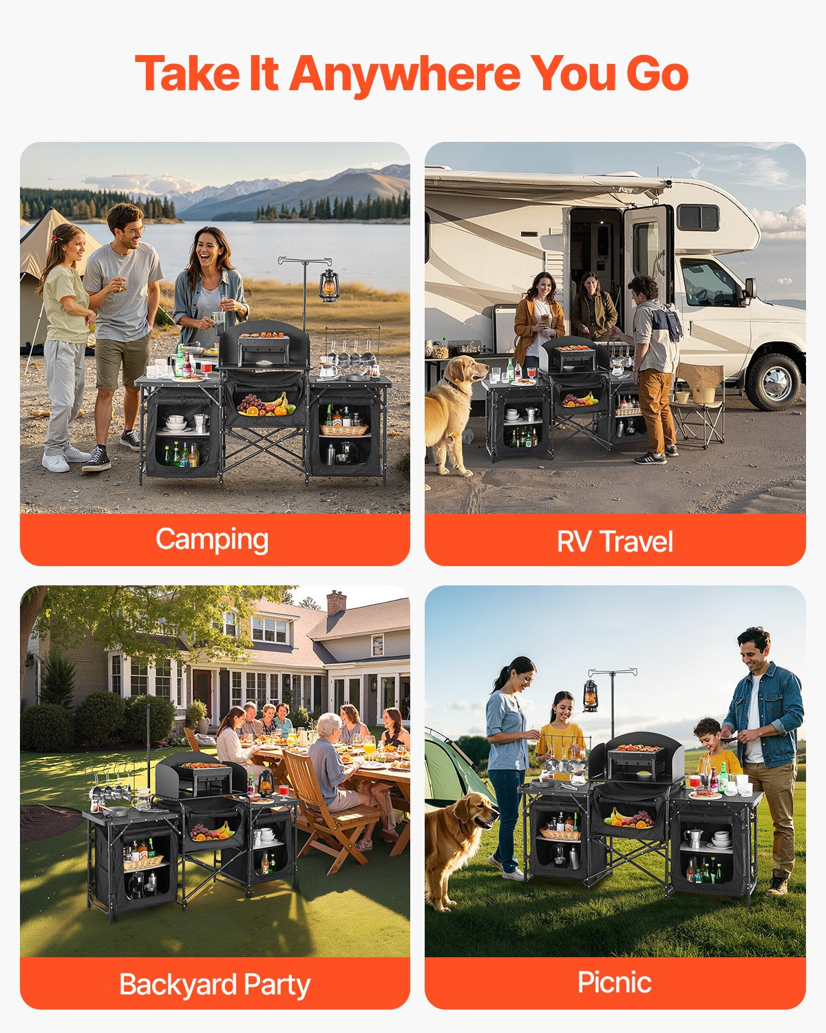 Portable Camping Kitchen Table with Windshield and Storage Compartments