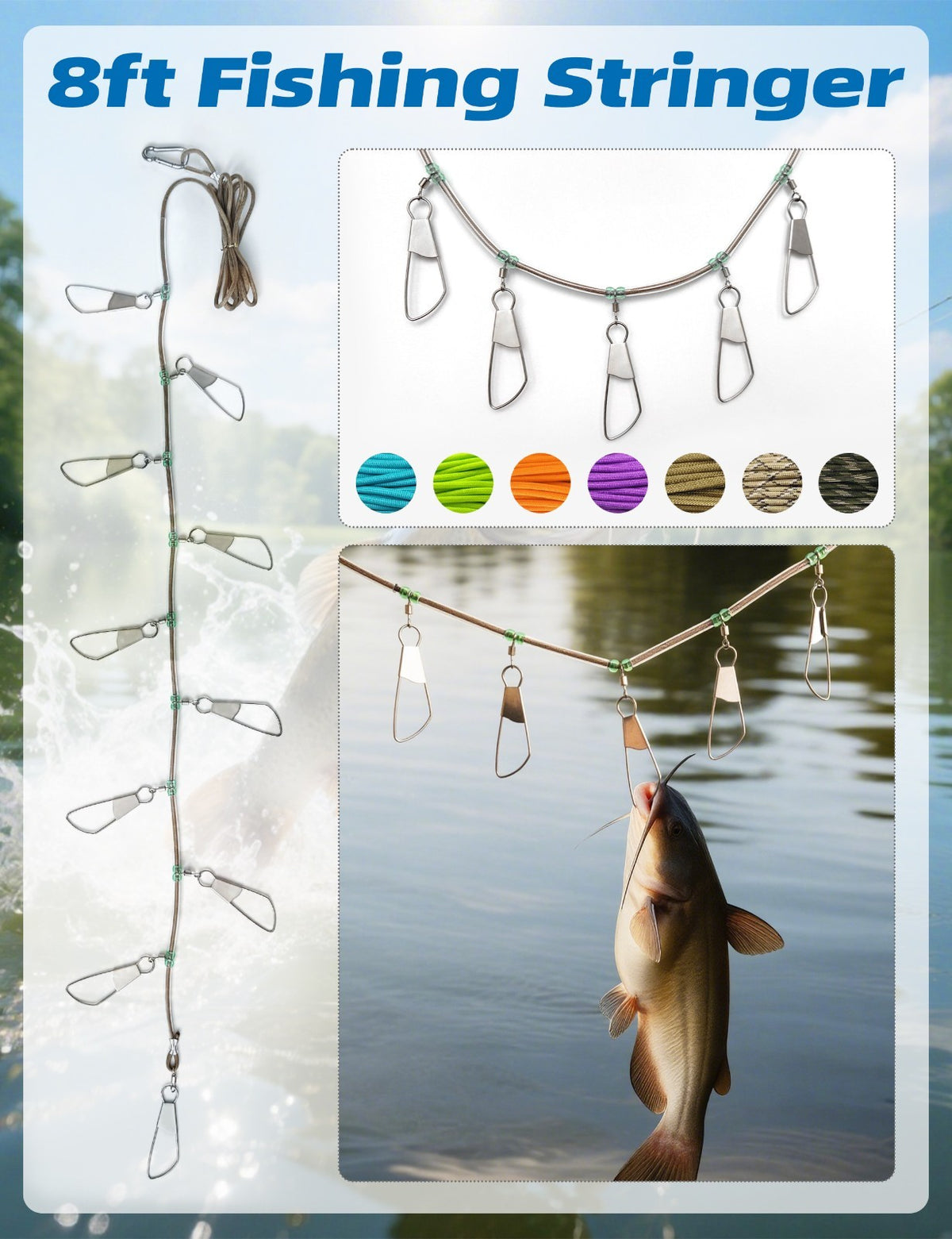 8ft Fishing Stringer with Stainless Steel Lock Snaps for Catch Organization