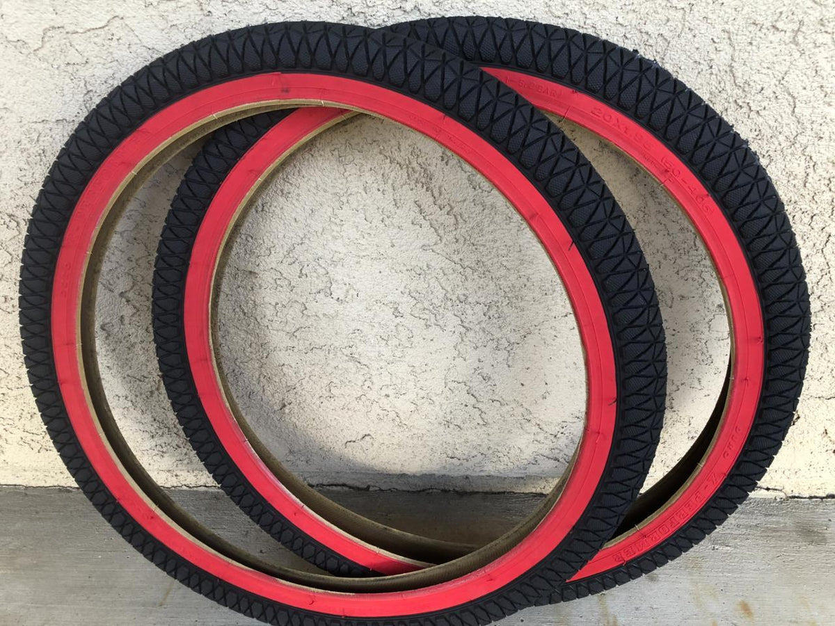 2 BMX Bicycle Tires 20x1.95 Red Wall Freestyle Bike Tires