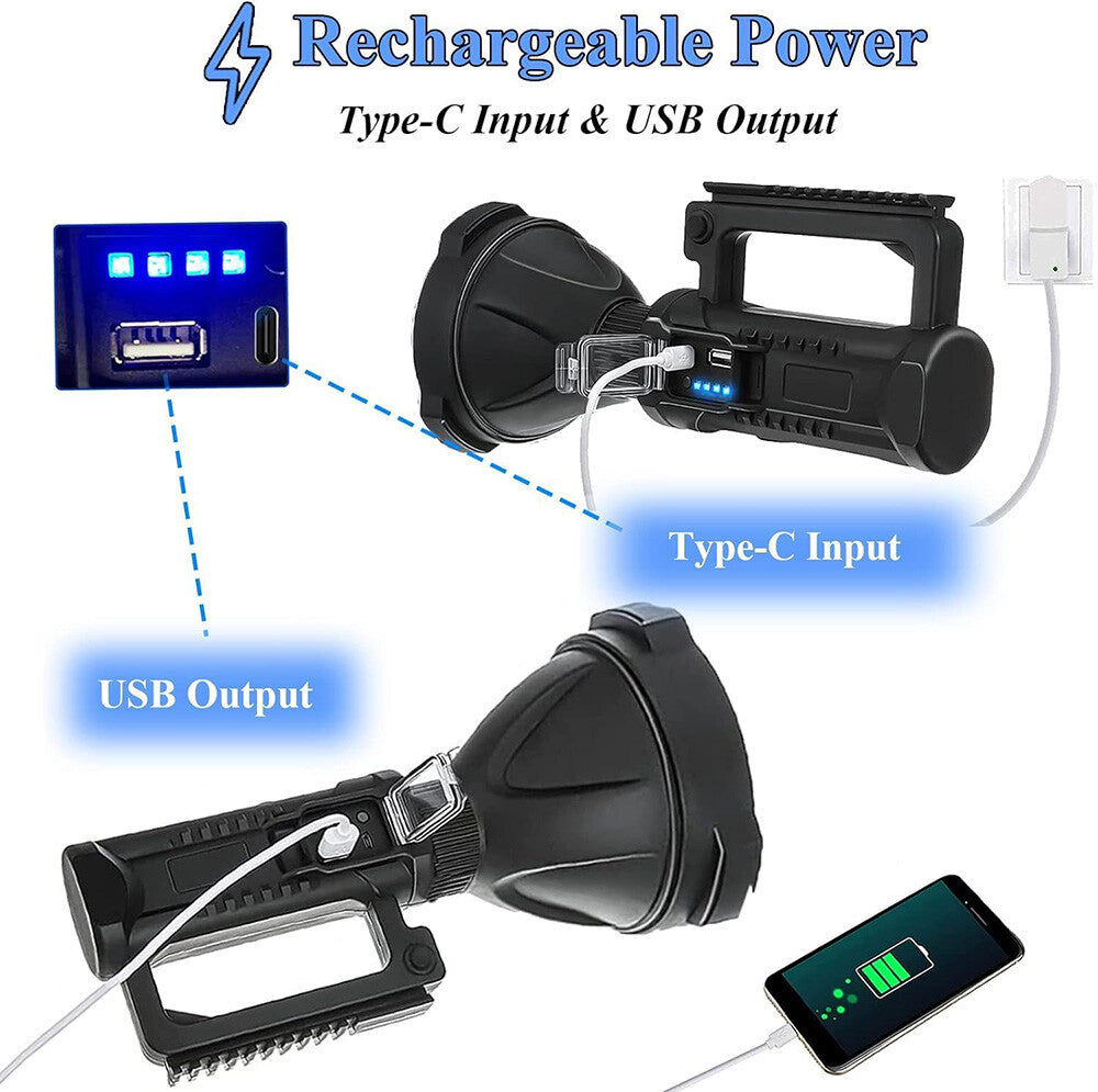 Super Bright LED Searchlight Rechargeable Spotlight with Tripod Waterproof 2,000,000 Lumens