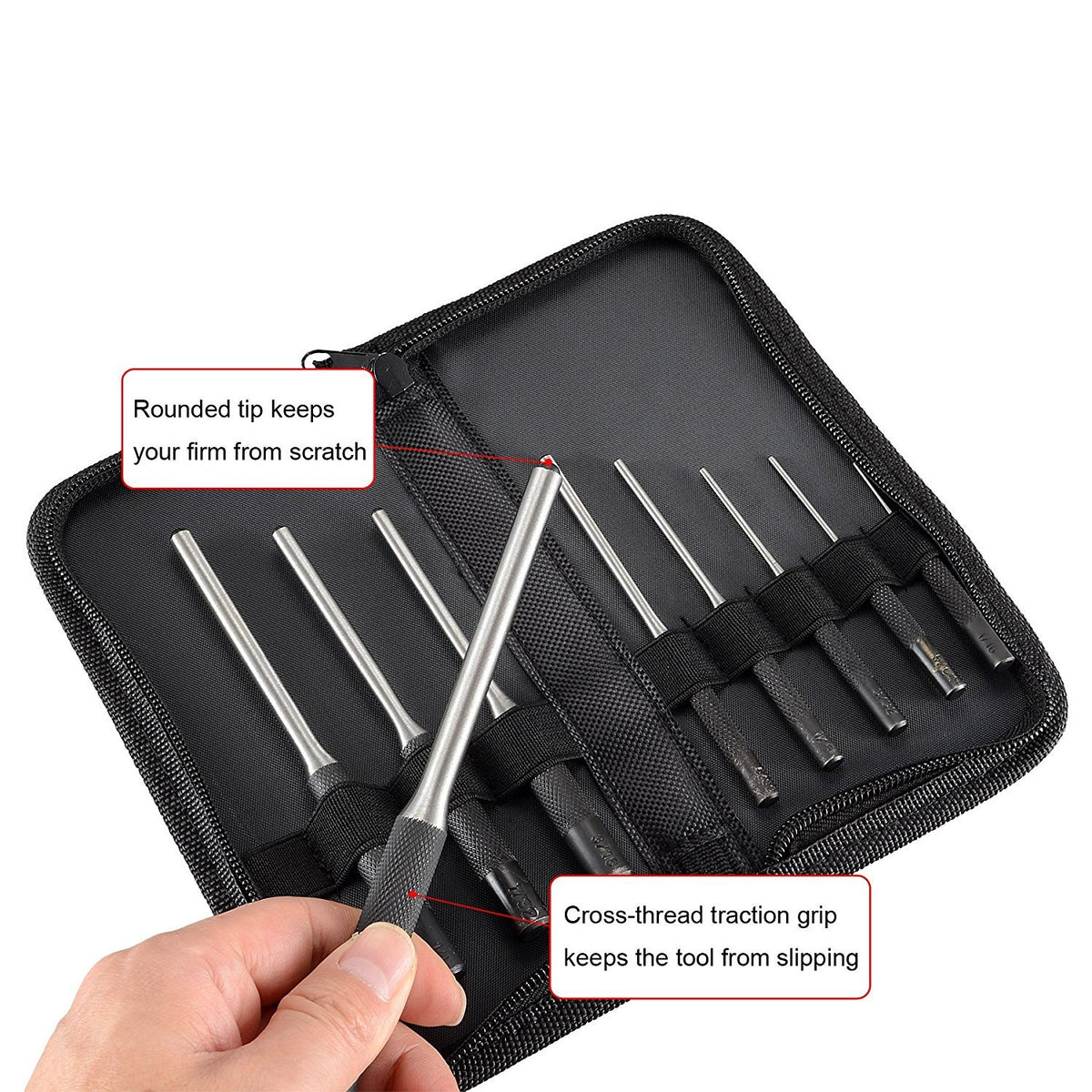 9-Piece Gun Grip Roll Pin Punch Set in Organizer Case - Hardened Steel Tools