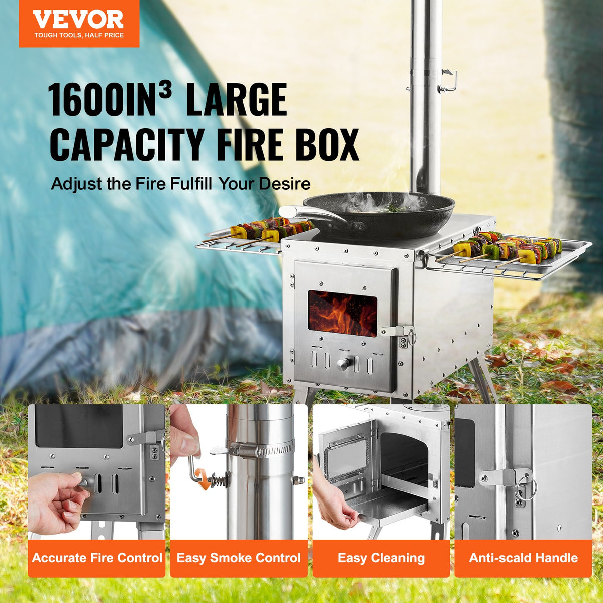 Portable Wood Stove for Camping Tent with Pipe - Stainless Steel