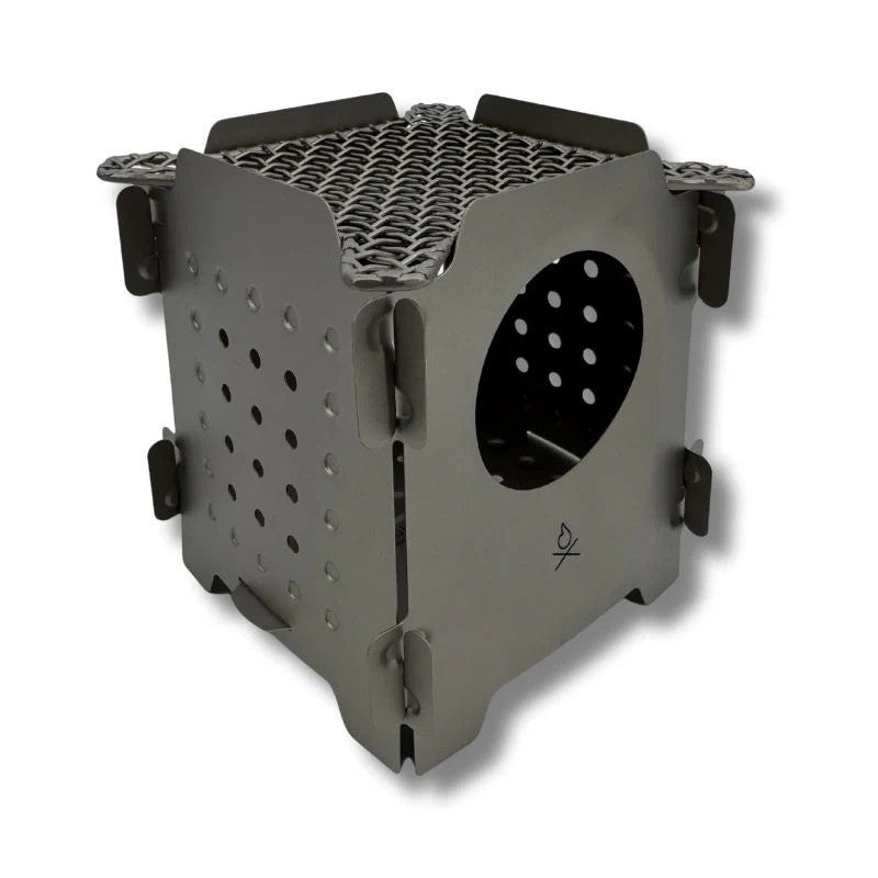 Ultralight Titanium Camping Stove with Flatpack Design and Cooking Grill