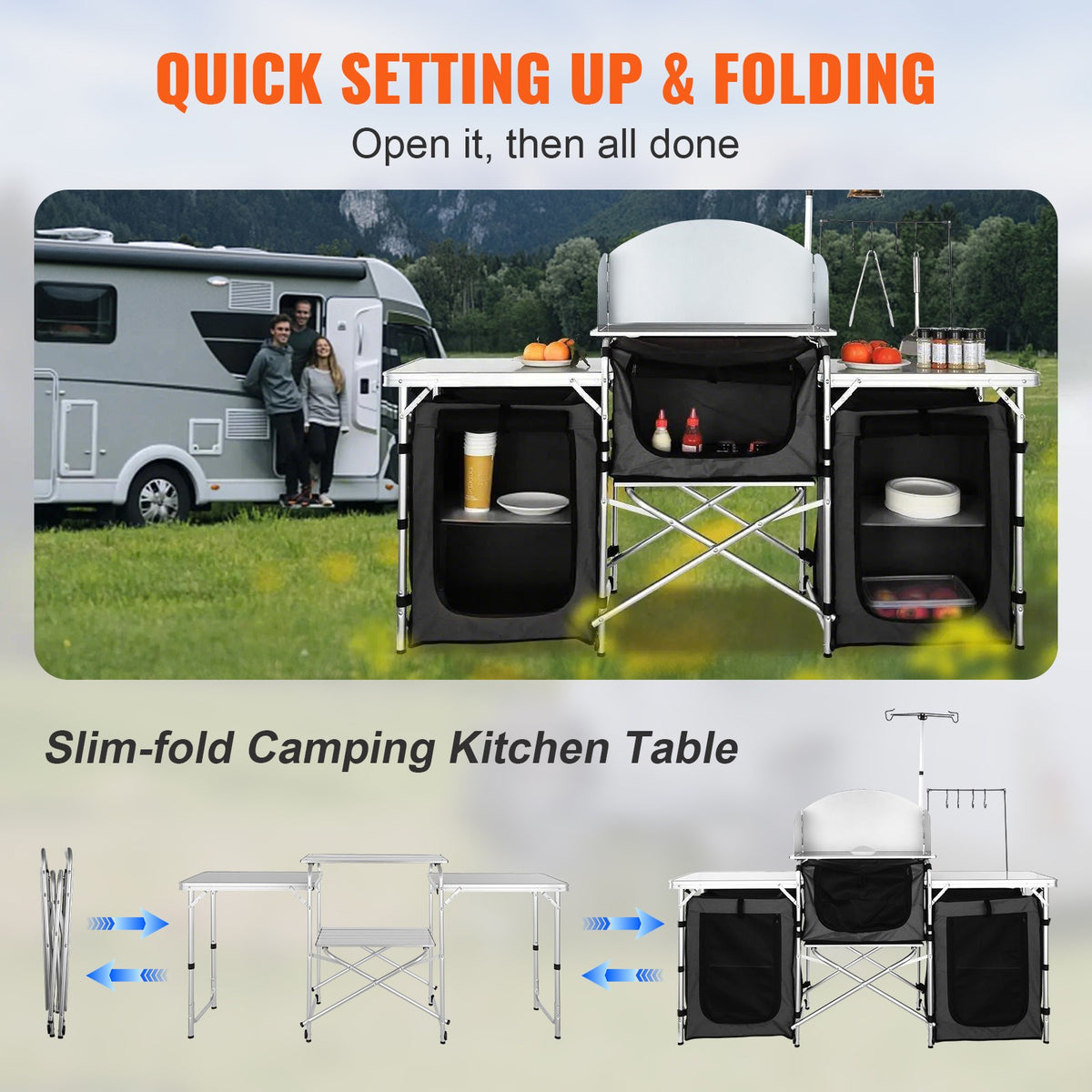 Folding Camping Kitchen Table with 3 Cupboards - Portable Outdoor Cook Station