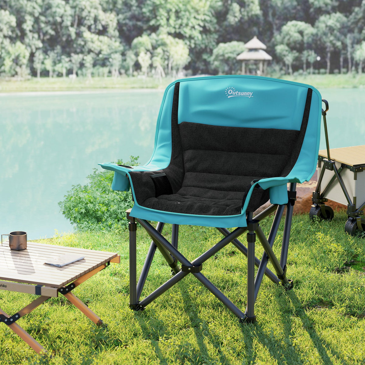 Portable Folding Camping Chair with Padding and Cup Holders - Green and Black