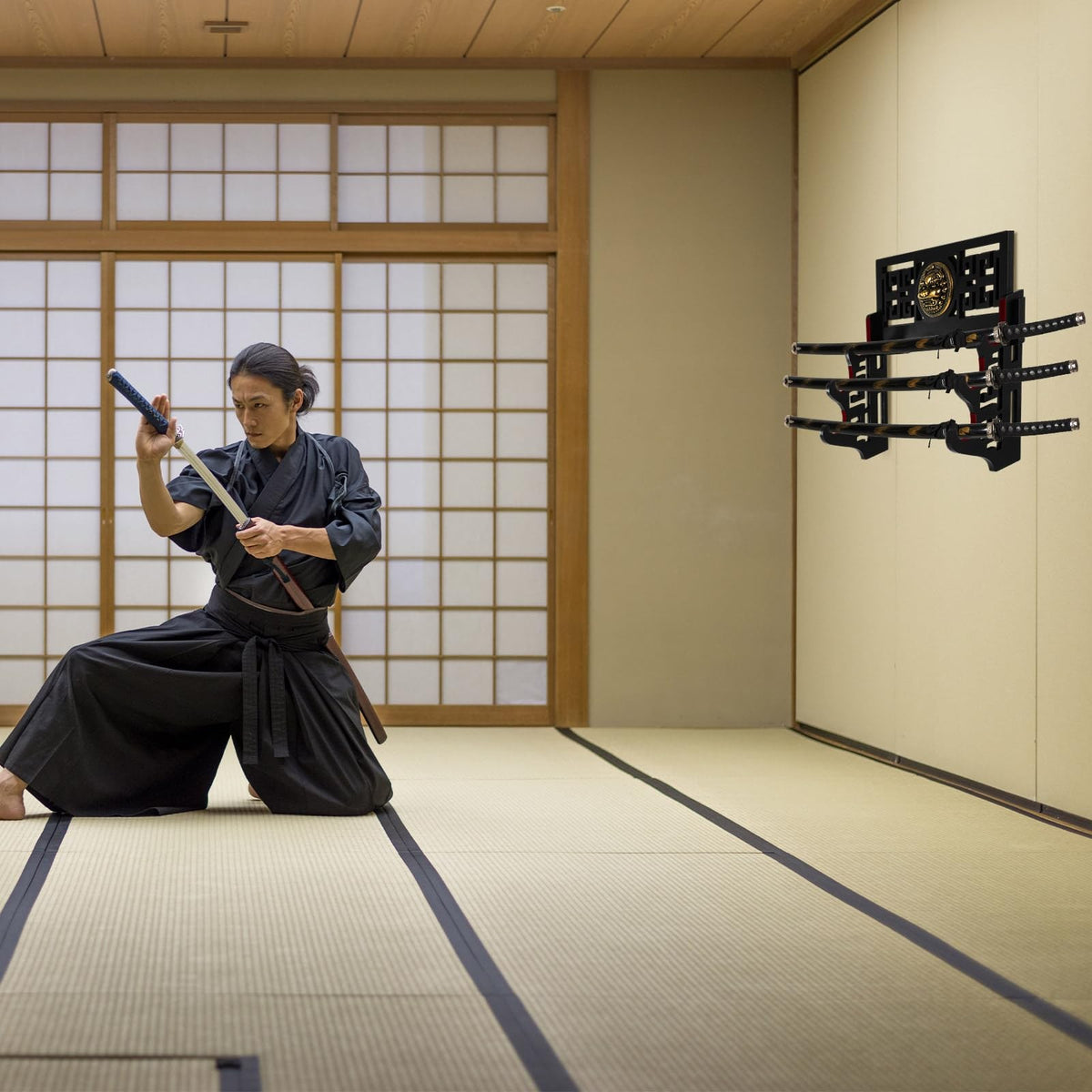 Wall Mount Katana Sword Holder Stand 3-Tier Display for Samurai Swords Black