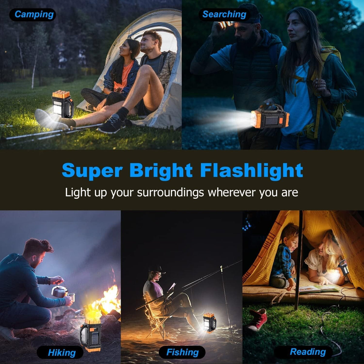 Rechargeable LED Camping Lantern with Solar & USB Power, Waterproof
