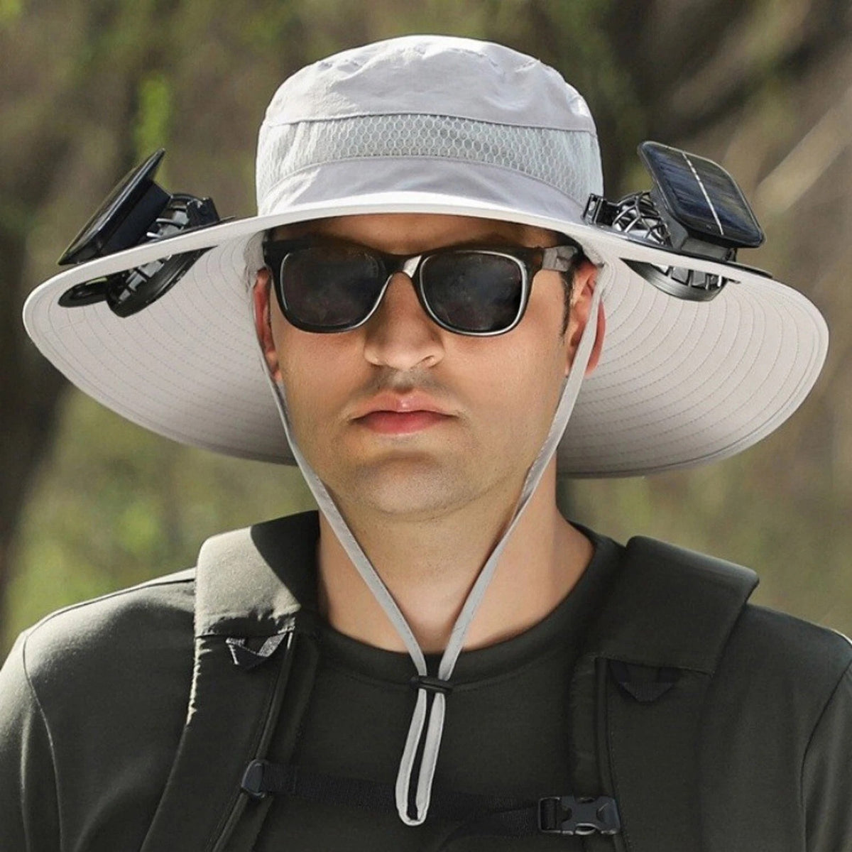Unisex Outdoor Wide Brim Sun Hat with Solar Fan UV Protection for Hiking Camping