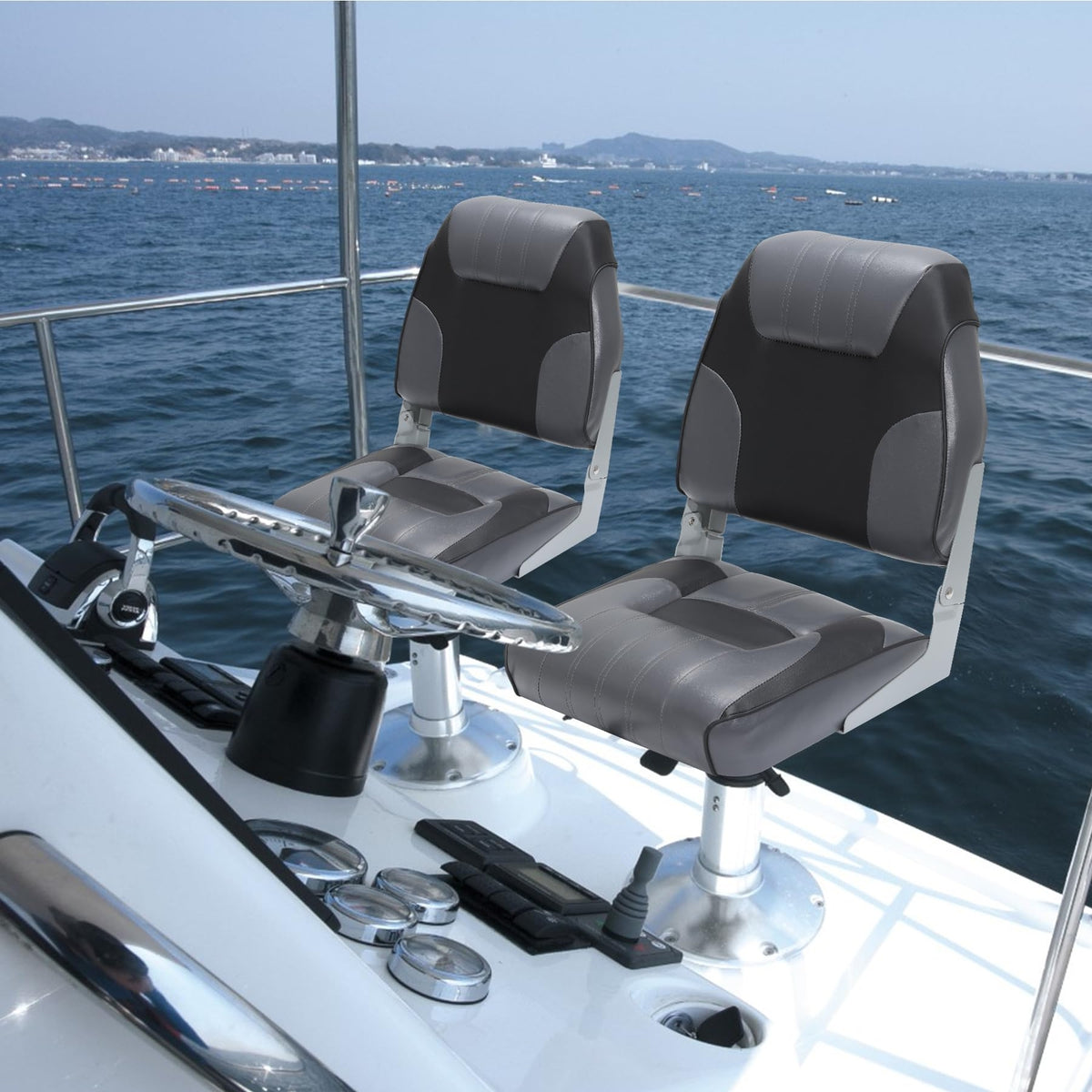 Set of 2 Folding Low Back Boat Seats with Cushions and Stainless Steel Screws
