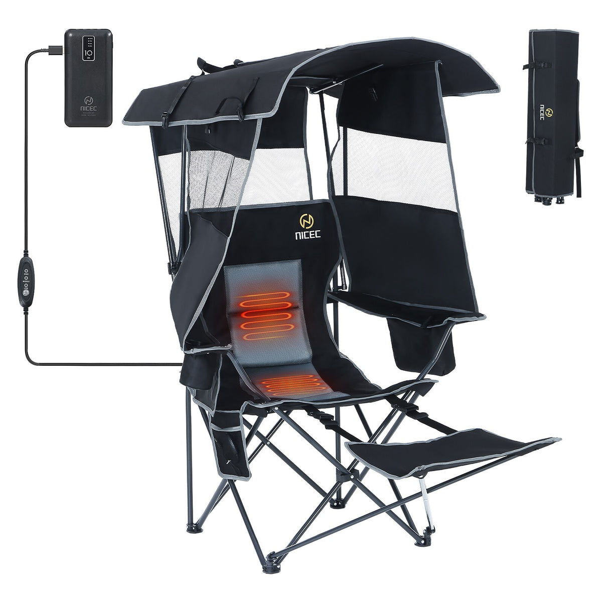 Heated Outdoor Camping Chair with Canopy and Footrest - Portable Shade