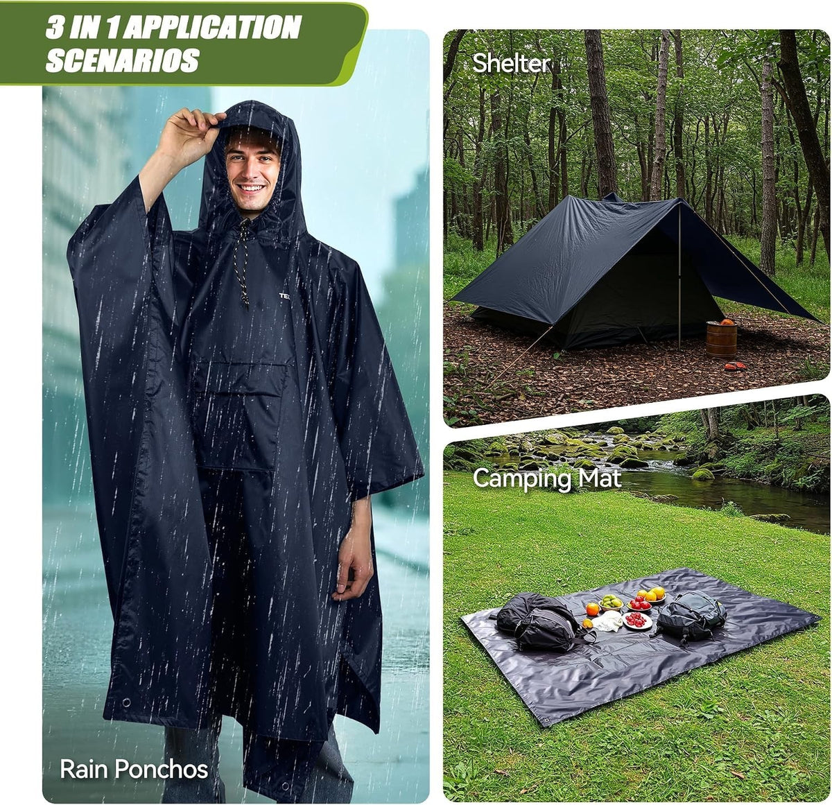 Adult Waterproof Rain Poncho with Hood and Pocket - Reusable Lightweight Outdoor Gear