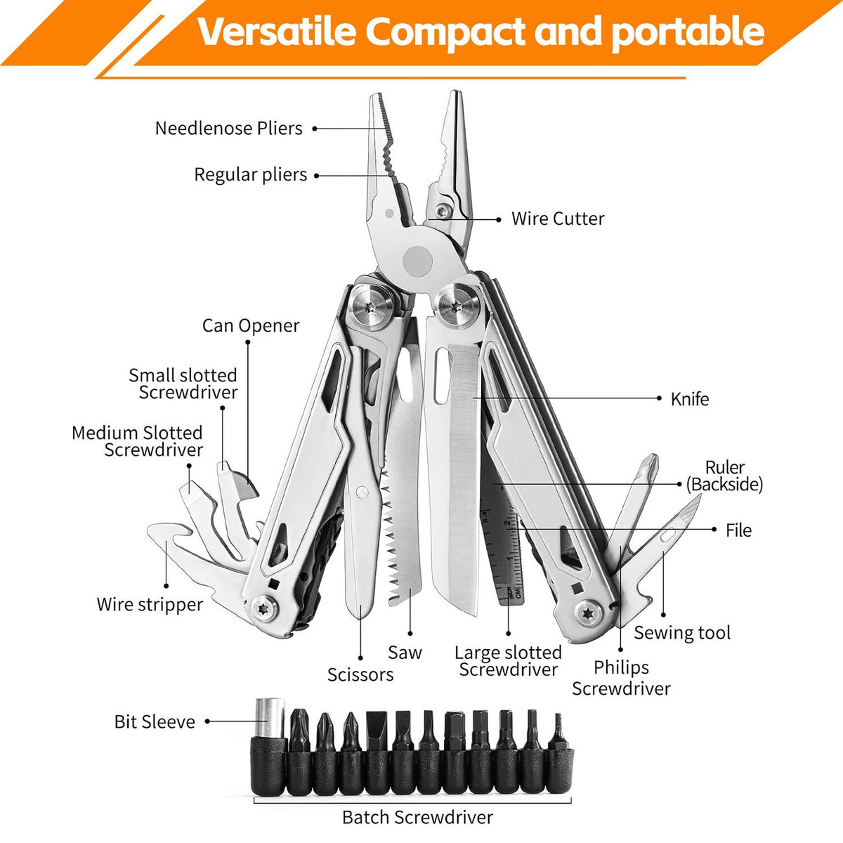 16-in-1 Multi Tool Pliers Folding Knife Saw Screwdriver Scissors Bottle Opener