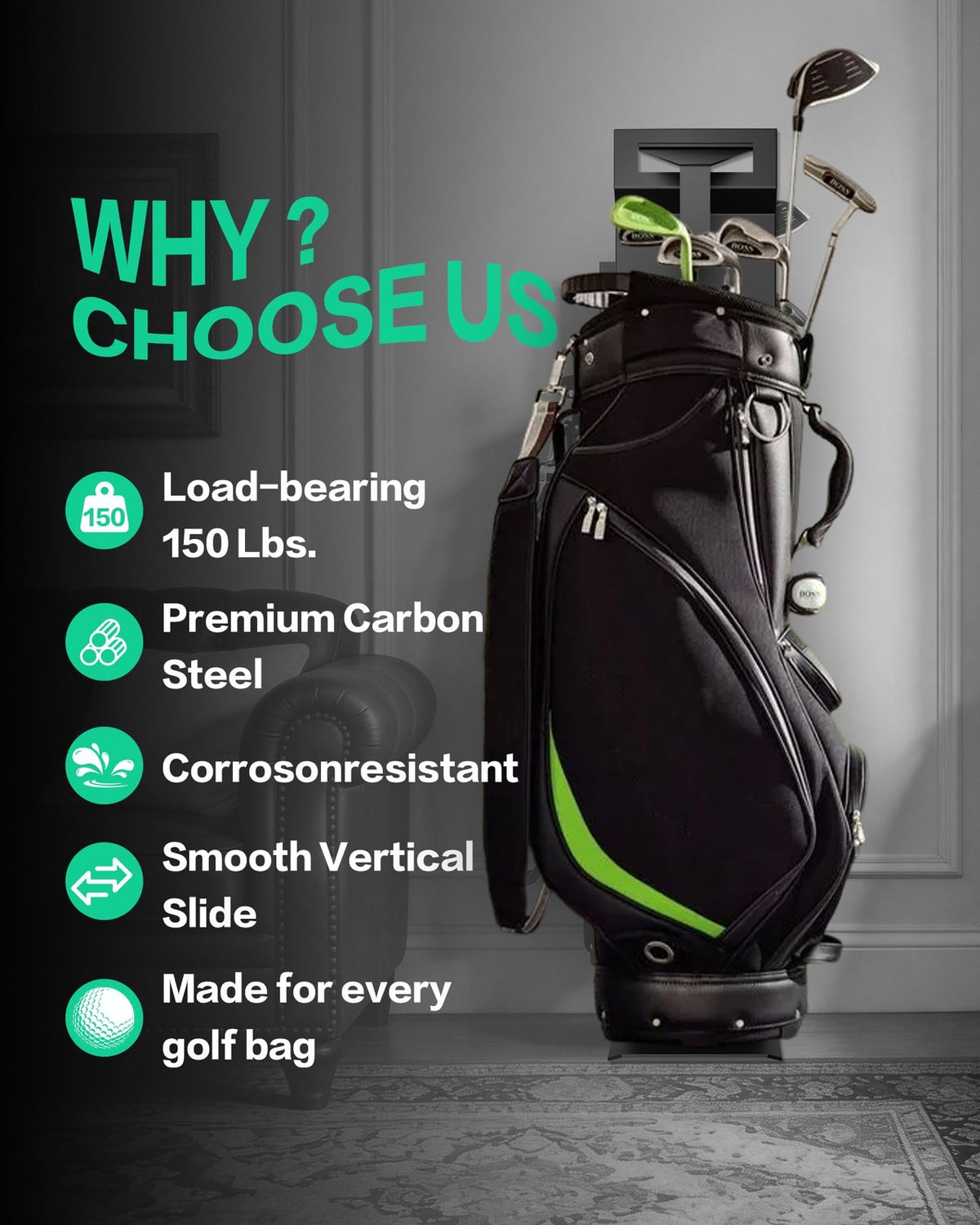 Wall Mount Golf Bag Storage Holder for Garage - Heavy Duty Carbon Steel, Adjustable, Space Saving