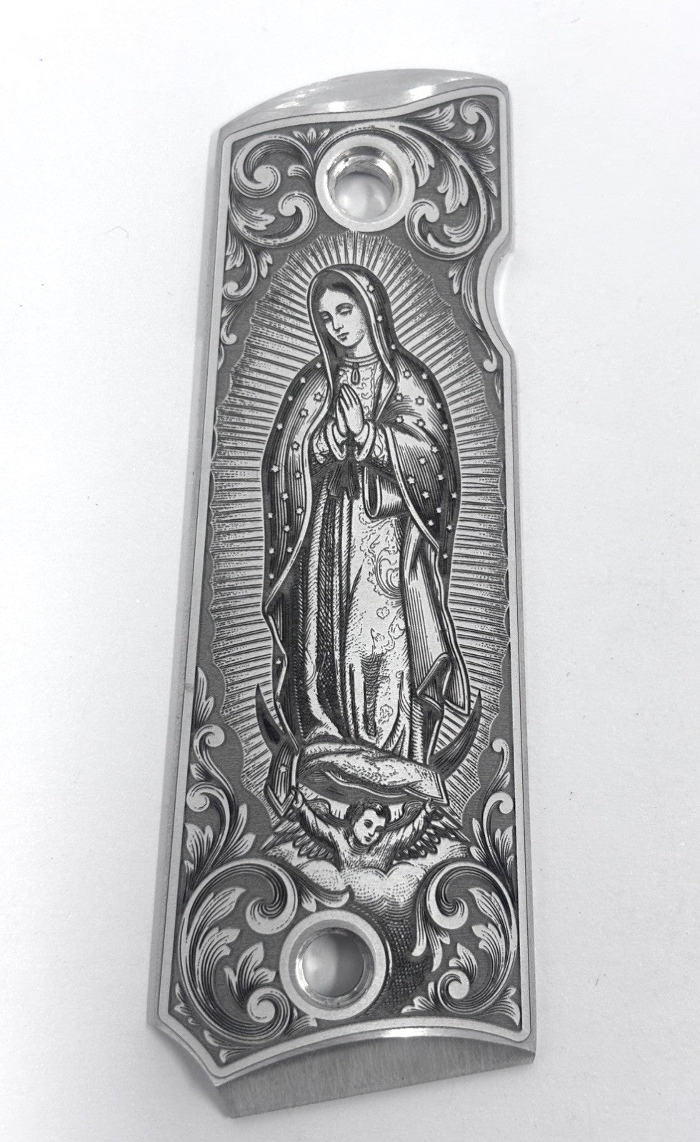 Full Size 1911 Aluminum Grips with Virgen De Guadalupe Engraving - Custom Firearm Accessory