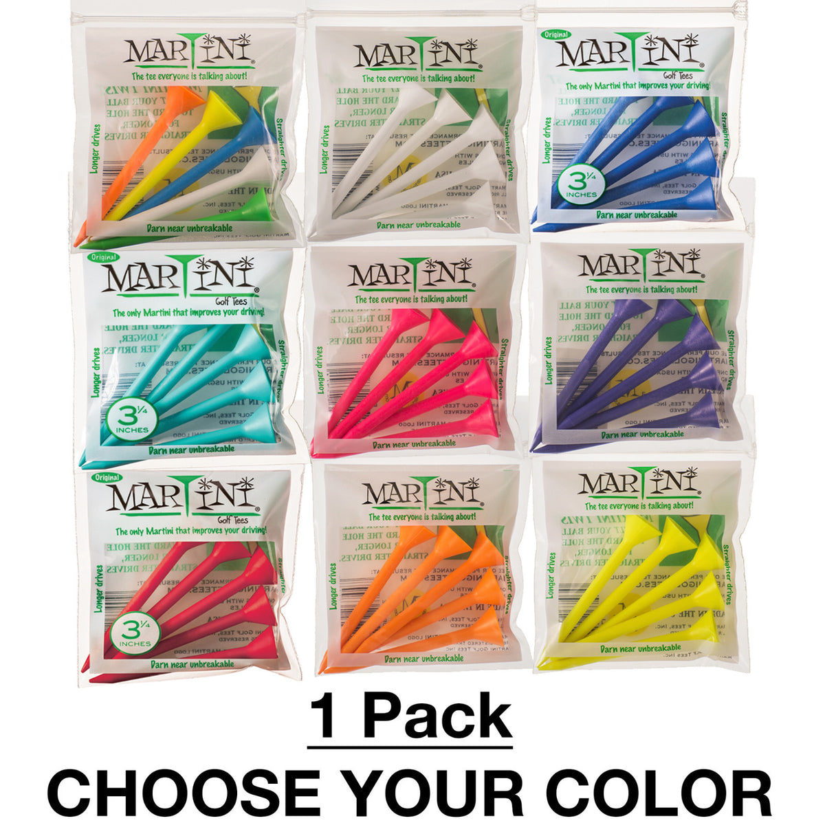 Durable Plastic Golf Tees 3-1/4 Inch - 5 Pack in Multiple Colors