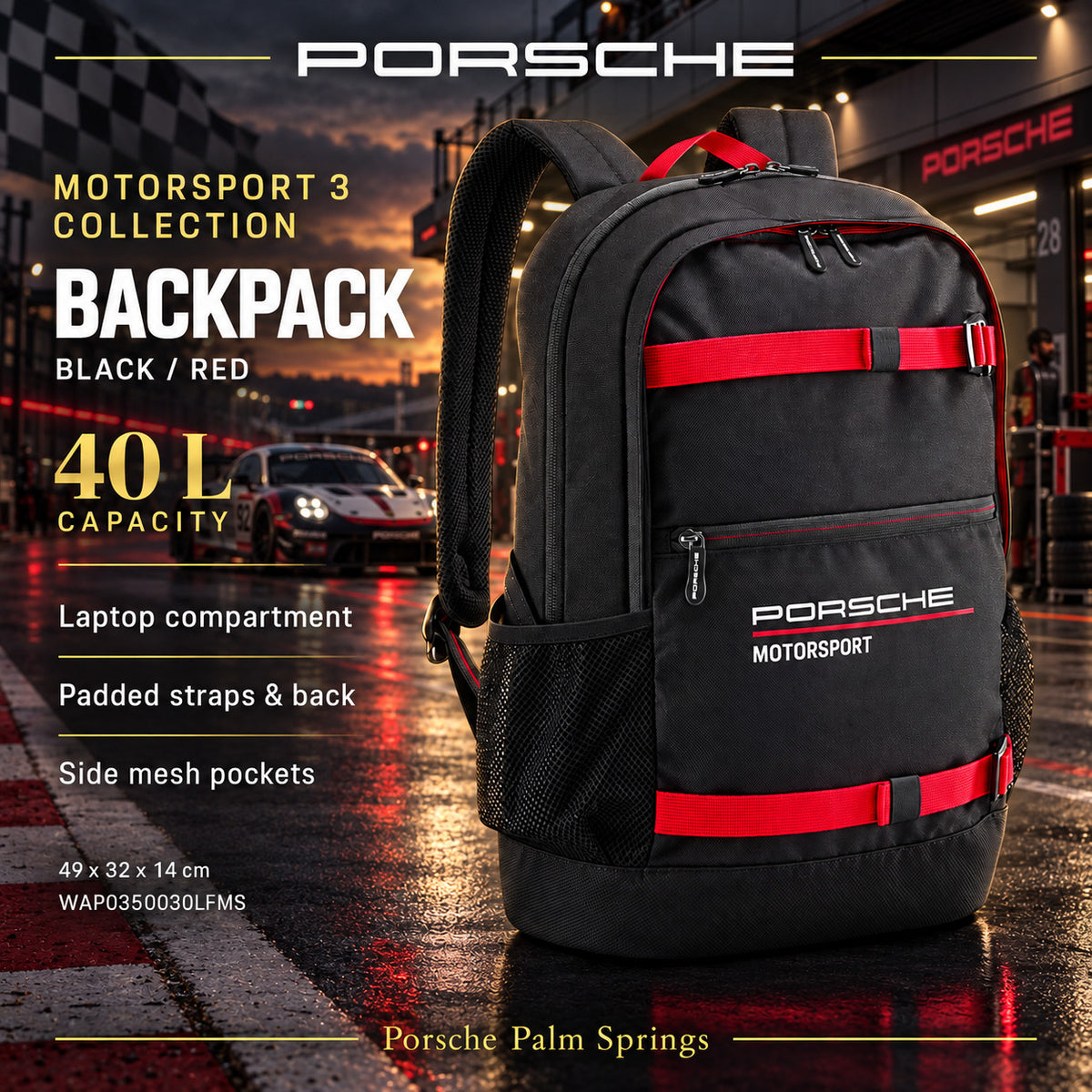 Porsche Motorsport 3 Backpack Black Red 40L Laptop Travel Bag