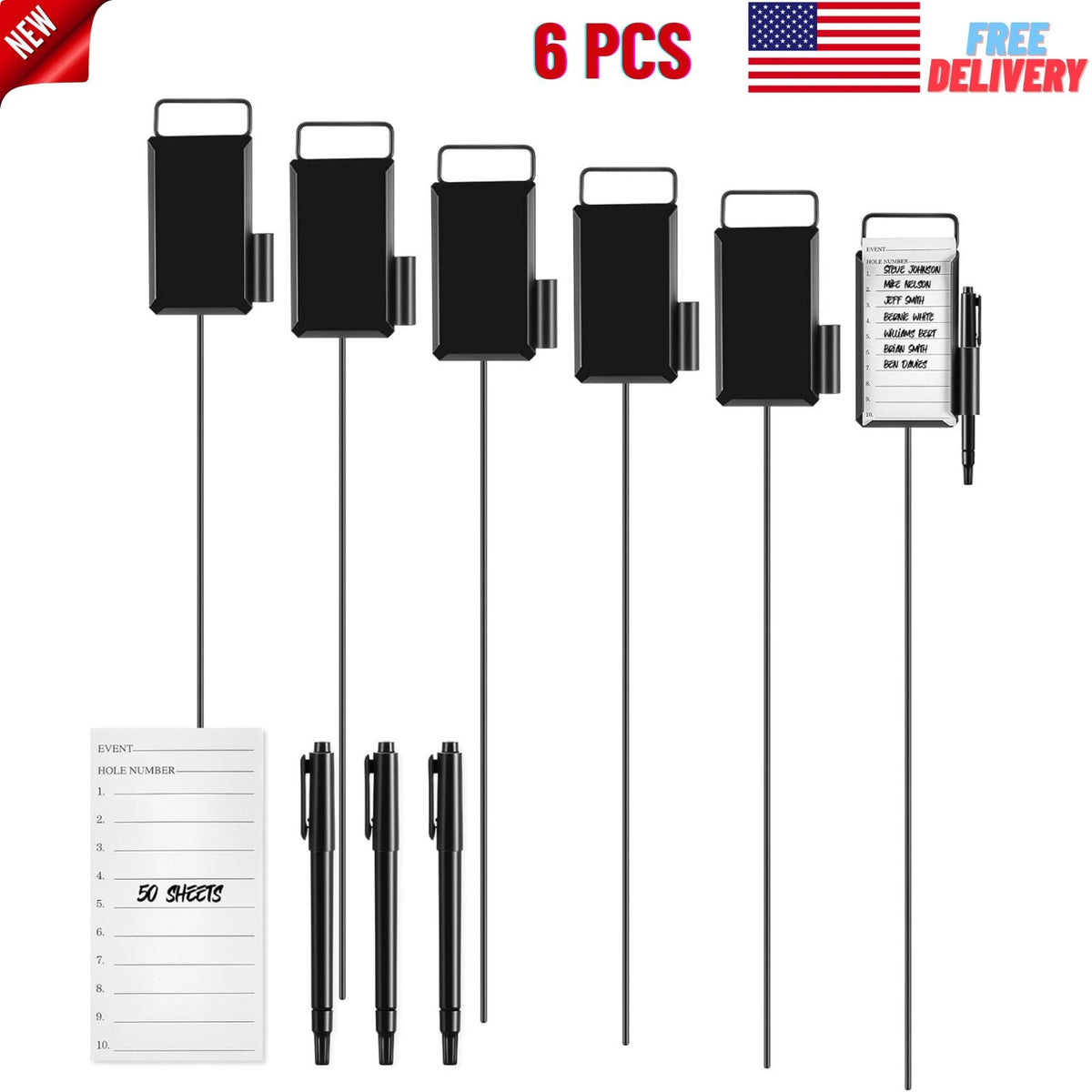 Golf Proximity Markers Set with 50 Score Sheets - Metal Markers for Golf Practice & Competition
