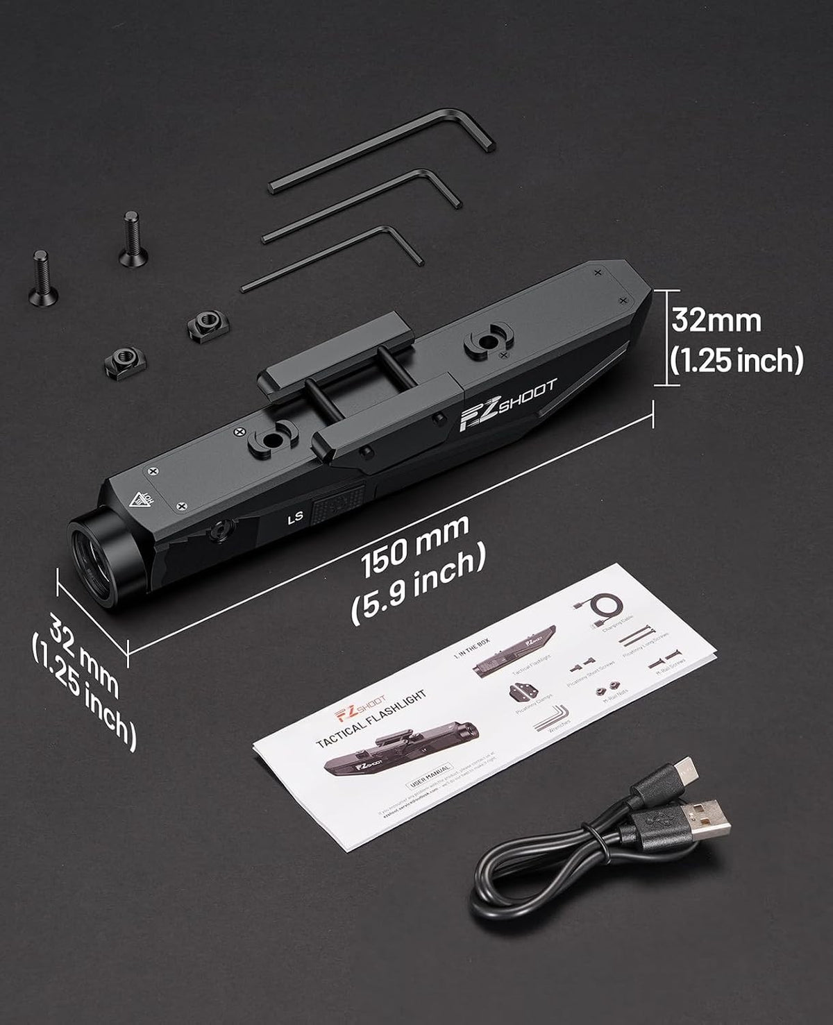 1600 Lumens Tactical Rifle Flashlight with Green Laser Combo, Rechargable, Mount