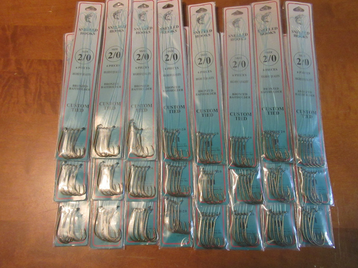 144 Snellled Fish Hooks in Assorted Sizes - Bronze Bait Holder Hooks, 6 Pack