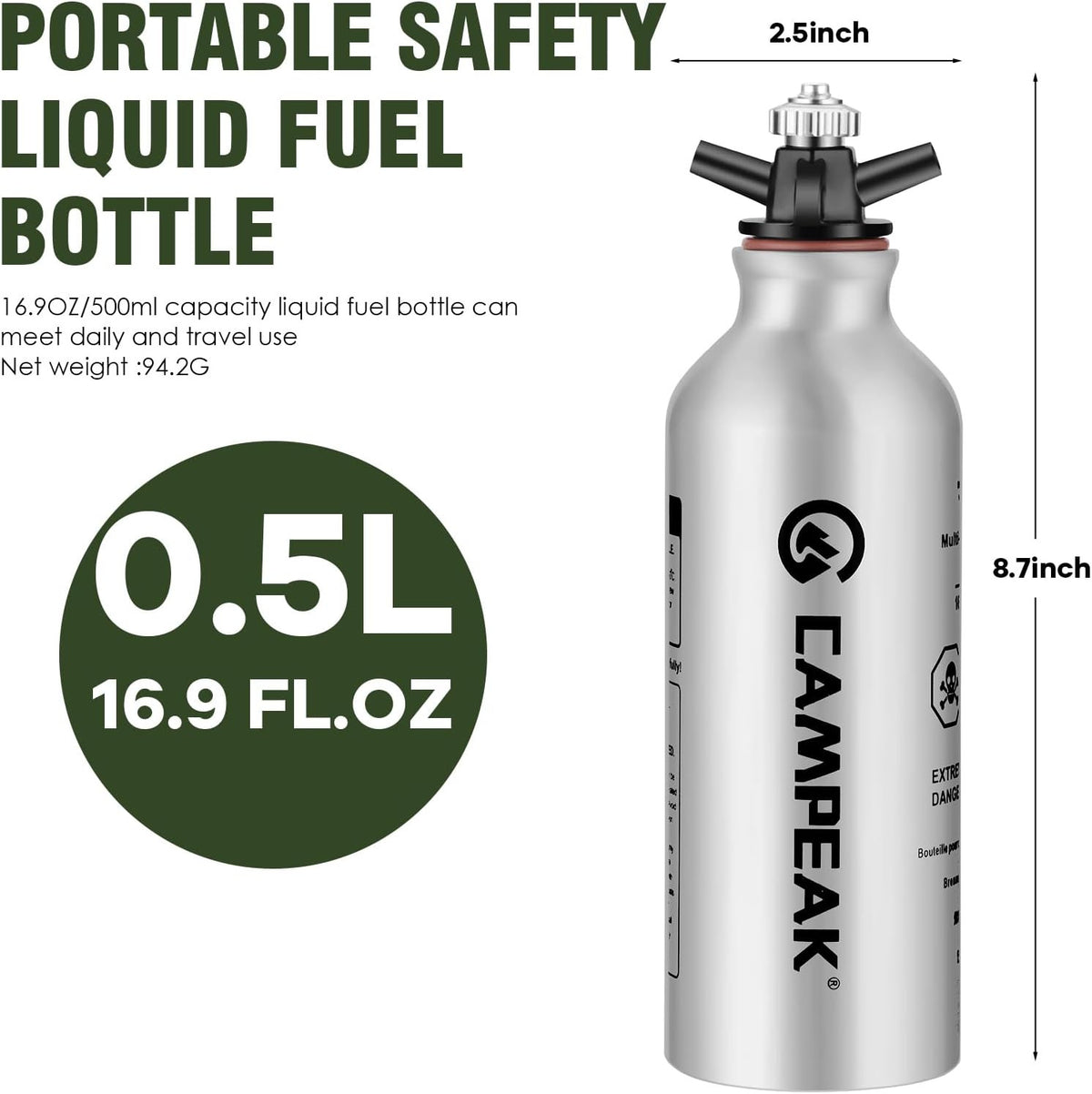 0.5L Aluminum Liquid Fuel Bottle with Safety Valve for Camping