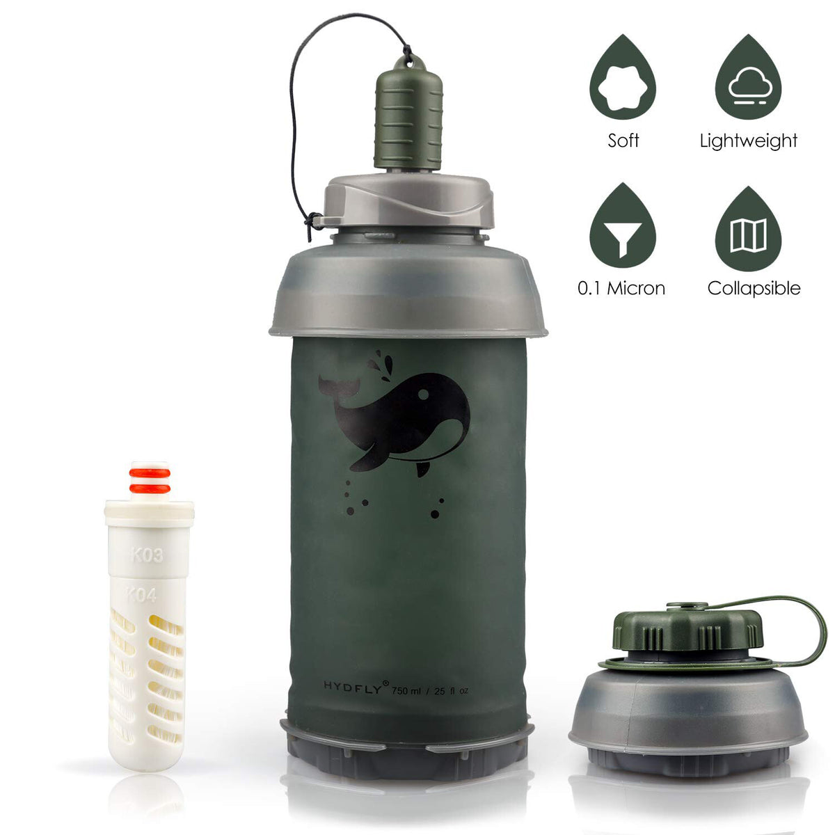 Collapsible Water Filter Bottle with Straw - 750ml Reusable Travel Hydration