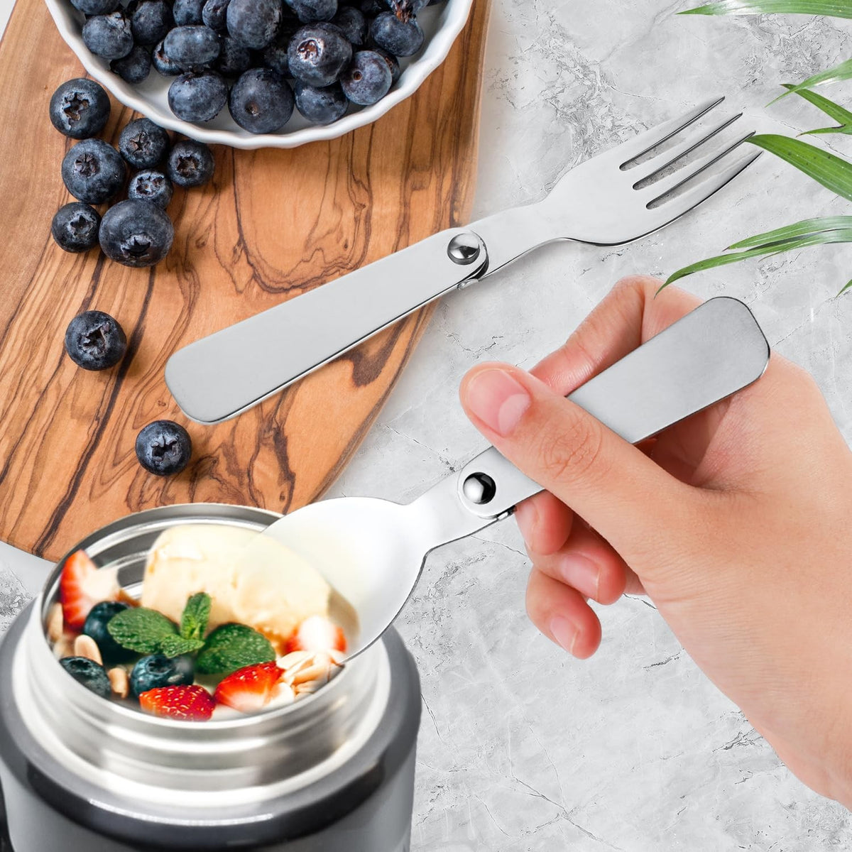 2 Pairs Foldable Stainless Steel Spoons & Forks for Food Jars, Travel, Camping