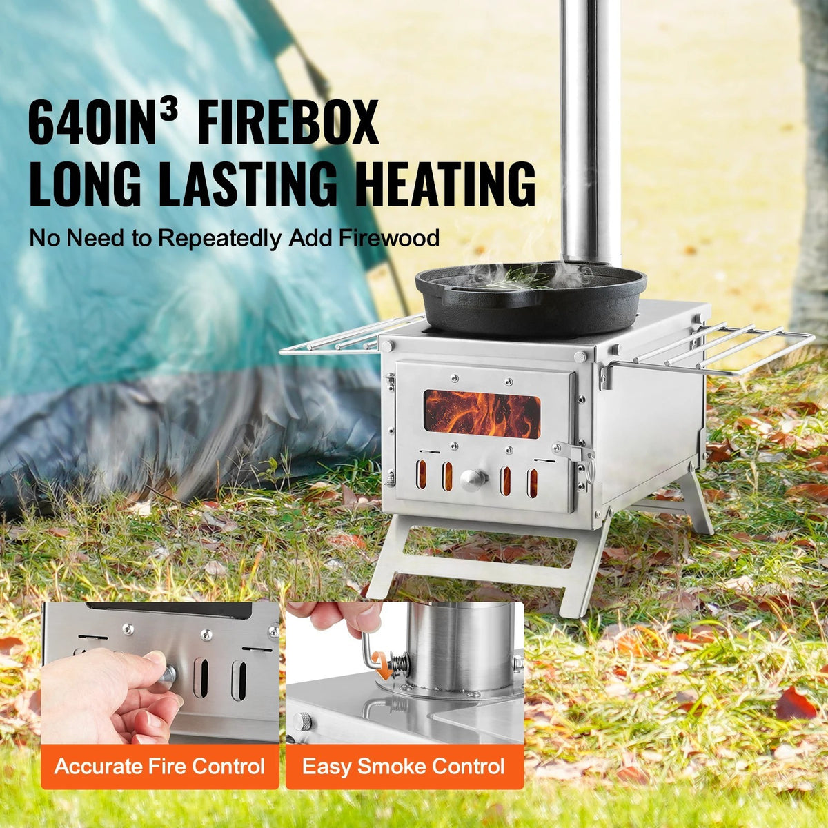 Portable Stainless Steel Camping Wood Stove with Chimney - Outdoor Tent Heating