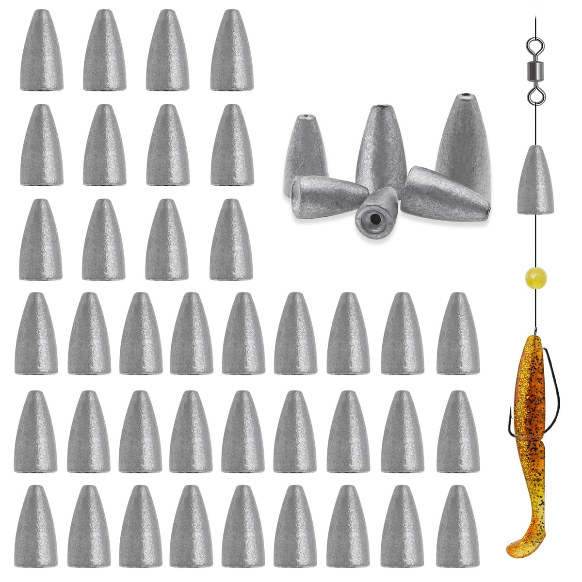 50PCS Bullet Fishing Sinkers Weights for Bass Worm Fishing - Multiple Sizes
