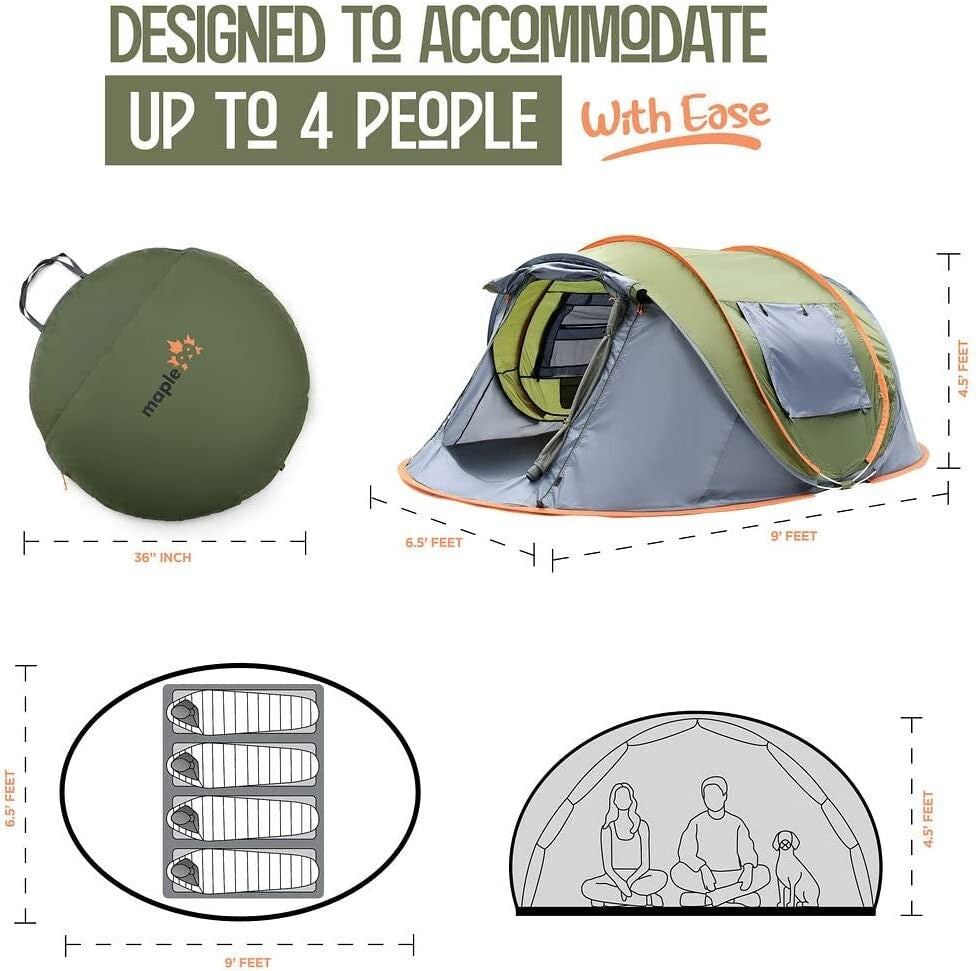 4-Person Pop-Up Camping Tent Waterproof UPF50+ Easy Setup with 2 Doors