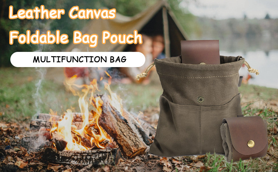 Water-Resistant Canvas Foraging Pouch with Leather Handles, Collapsible Bag for Mushrooms & Outdoor Activities