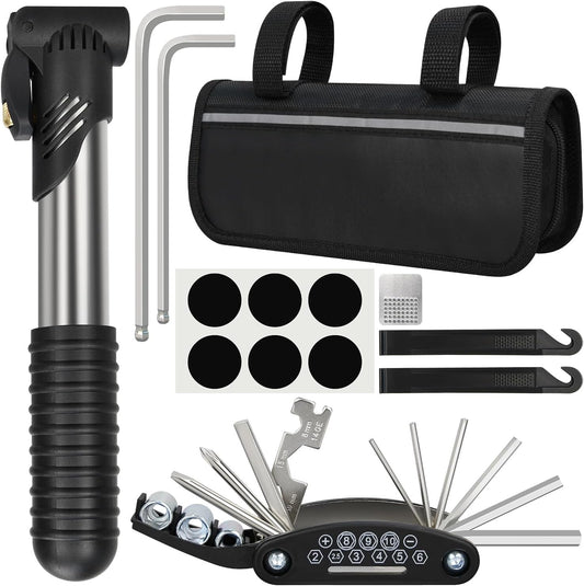 Bike Repair Kit with Tire Pump and Multi-Tool - Portable Bicycle Repair Set