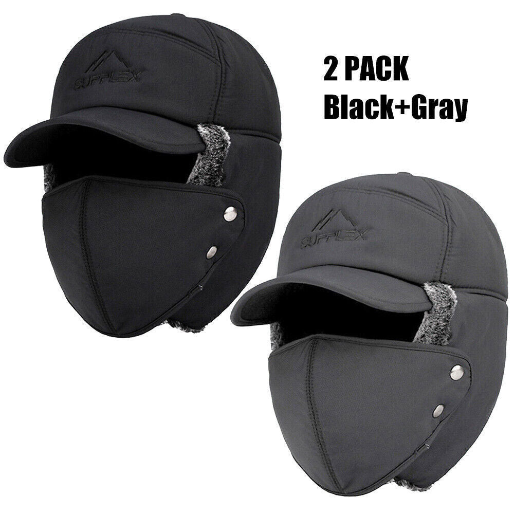 Winter Trapper Hat with Faux Fur Ear Flaps and Removable Face Mask - Windproof & Waterproof