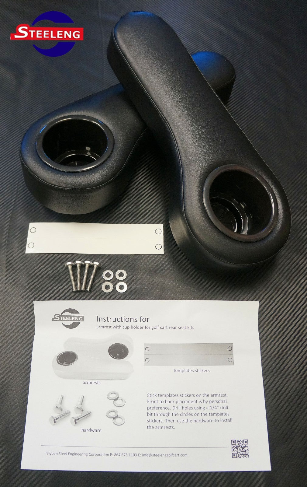 Golf Cart Rear Seat Arm Rest Cushion Cup Holder Set - Universal Fit Black