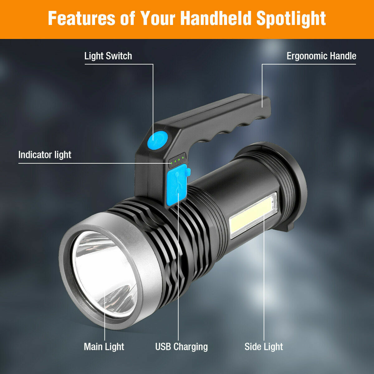 Rechargeable Handheld Searchlight Flashlight with 500m Beam, Waterproof, USB Charging