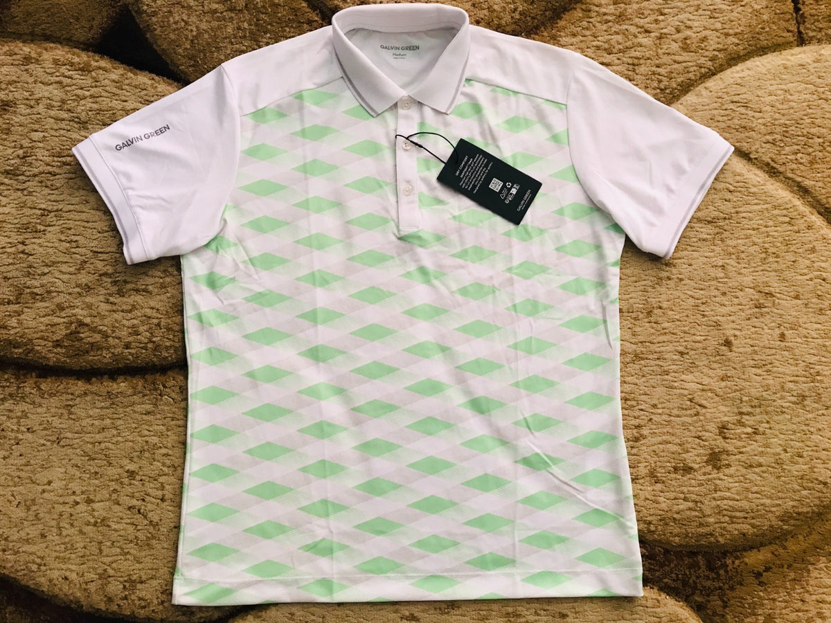 Men's Golf Polo Shirt - Argyle Design, Green & White, Medium