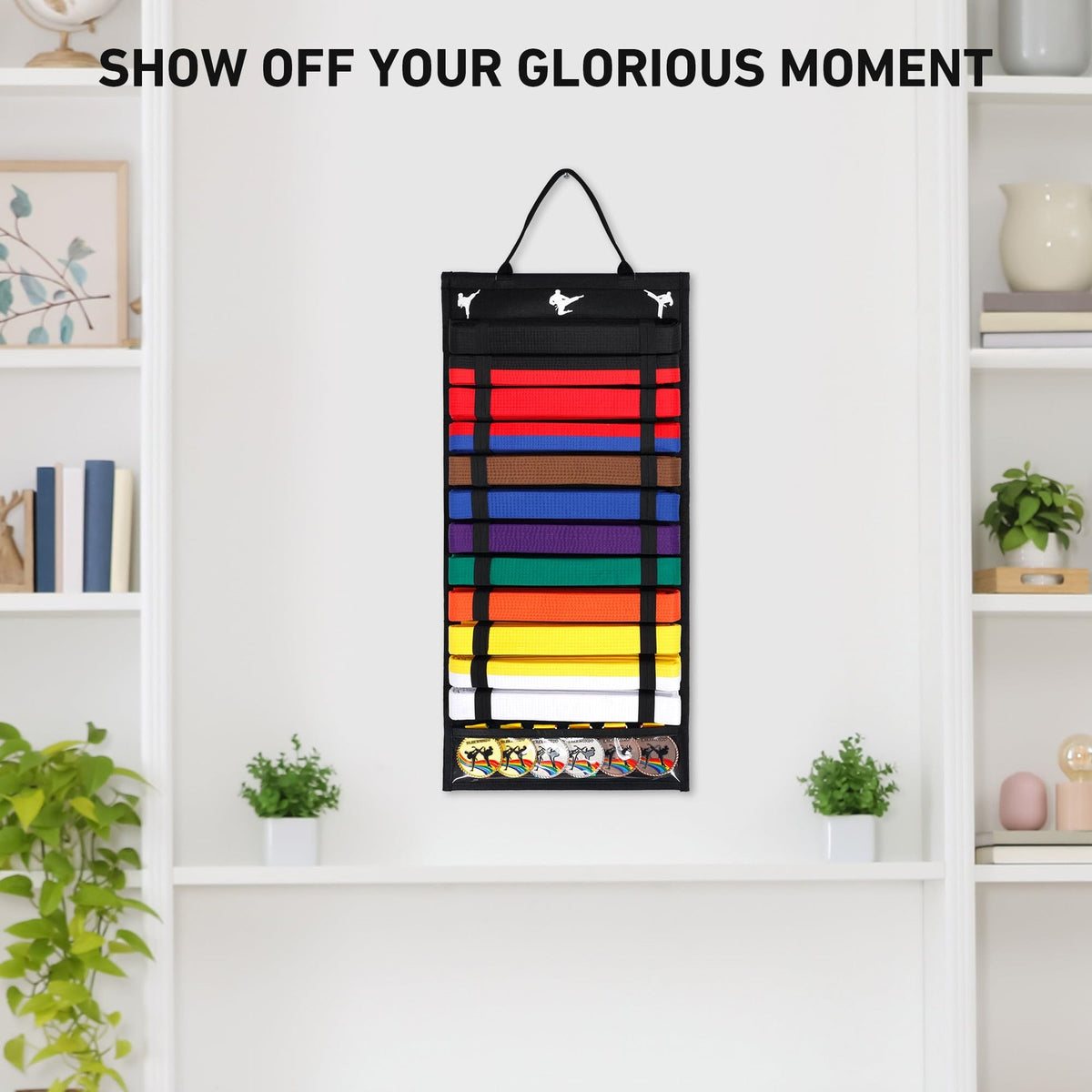 12-Slot Karate Belt Display Rack with Medal Storage – Taekwondo/Martial Arts Wall Organizer